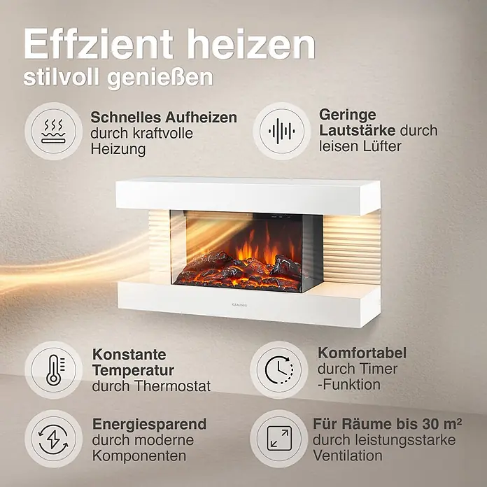 Elektrischer Kamin KAMINIO Liz - 21,7 x 82 x 41,8 cm, Weiß - Ein weißer Elektrokamin mit realistischem Flammeneffekt und Dekoholz, umgeben von Texten, die seine Funktionen hervorheben.