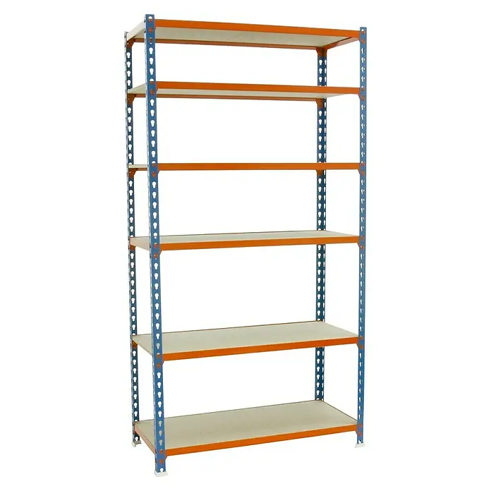 Simonrack Maderclick Metallregal Maderclick Mini - H x B x T: 250 x 80 x 50 cm, Traglast pro Boden: 150 kg, Anzahl Böden: 6 Stk., Stecken, Blau/Orange - Ein stabiles, blau-oranges Regal mit fünf hellen Ablageflächen zur optimalen Lagerung und Organisation von Gegenständen.