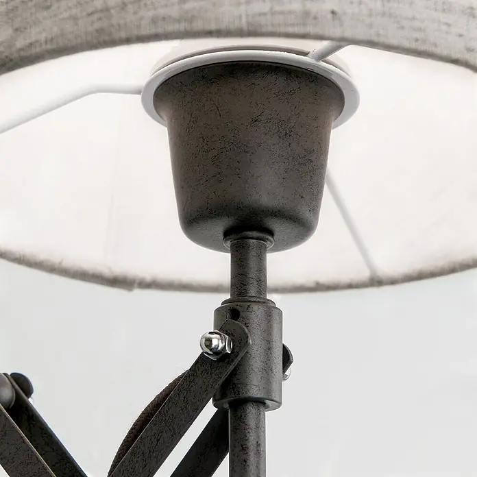 Orion Leuchten Stehleuchte - 40 W, Höhe: 173 cm, E27 - Oberer Teil einer Lampe mit hellgrauem Stoffschirm und dunkelbraunem, patiniertem Gelenkarm mit geflochtenem Kabel.