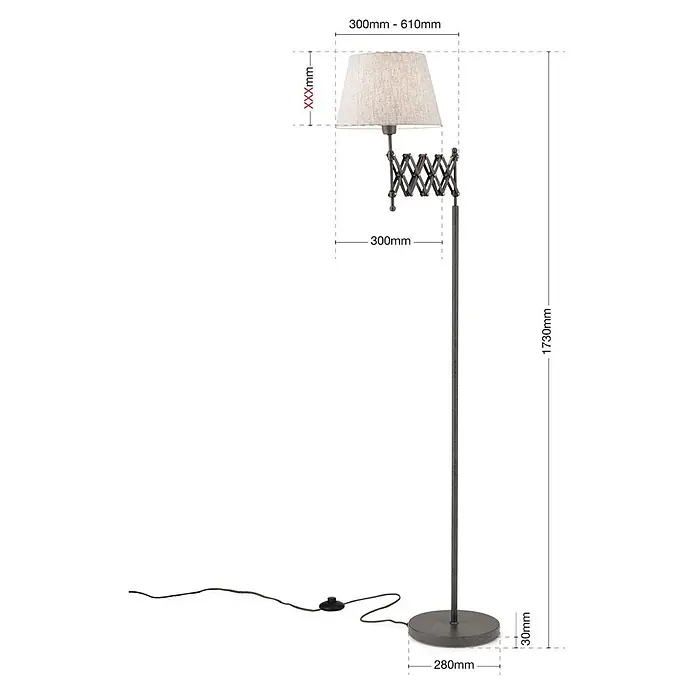 Orion Leuchten Stehleuchte - 40 W, Höhe: 173 cm, E27 - Verstellbare Stehlampe aus dunklem Metall mit Scherenarm und hellem Stoffschirm.