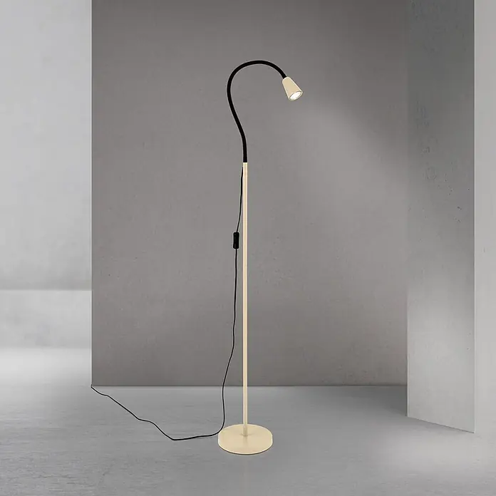 Orion Leuchten Stehleuchte - 30 W, Höhe: 148 cm, GU10 - Beige Stehlampe mit schwarzem flexiblem Schwanenhalsarm und beleuchtetem cremefarbenem Lampenkopf.