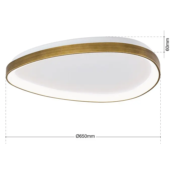 Orion Leuchten LED-Deckenleuchte - L x B x H: 65 x 65 x 6 cm - Ovale LED-Deckenleuchte mit weißem Diffusor und gebürstetem messingfarbenem Außenring.