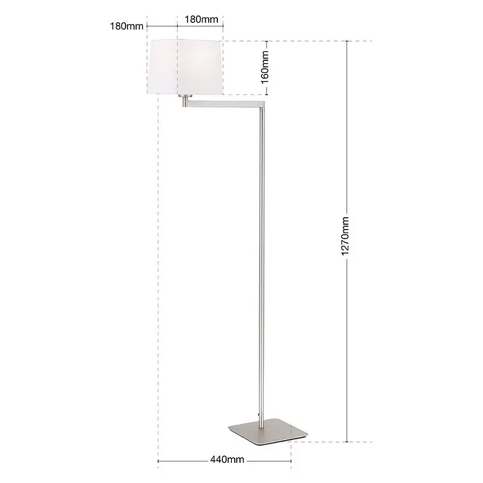 Orion Leuchten Stehleuchte - 40 W, Höhe: 127 cm, E27 - Moderne Stehlampe aus gebürstetem Silbermetall mit verstellbarem Arm und weißem Stoffschirm auf rechteckigem Sockel.
