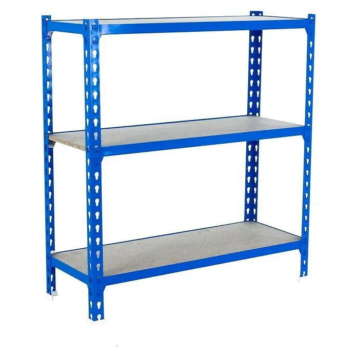 Simonrack Maderclick Metallregal Maderclick Mini - H x B x T: 90 x 80 x 50 cm, Traglast pro Boden: 150 kg, Anzahl Böden: 3 Stk., Stecken, Blau - Abbildung eines blauen Schwerlastregals mit drei Regalböden zur Aufbewahrung und Organisation von Gegenständen.
