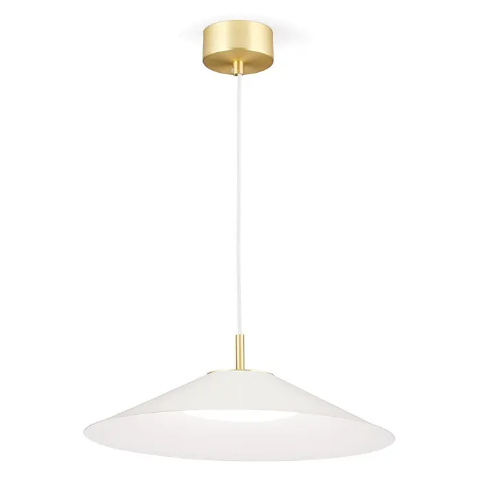 Orion Leuchten LED-Pendelleuchte rund -  - Weiße Pendelleuchte mit breitem, konischem Schirm und Deckenrose sowie Stiel aus Messing.
