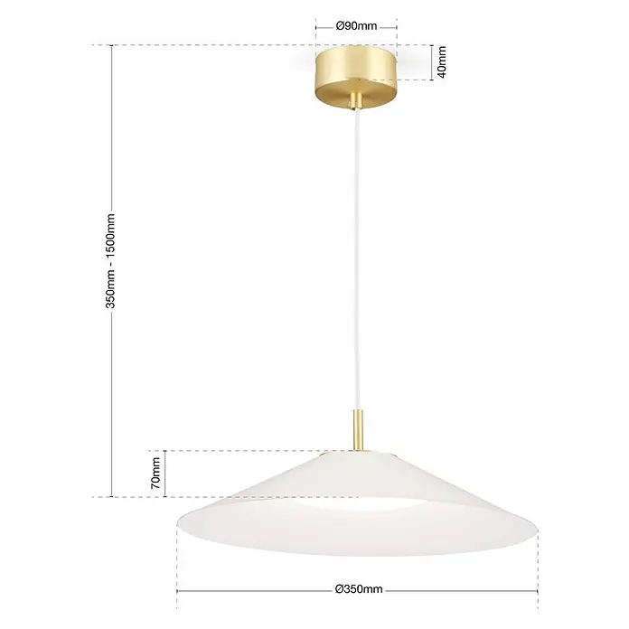 Orion Leuchten LED-Pendelleuchte rund -  - Weiße konische Pendelleuchte mit goldener Deckenbefestigung und verstellbarem weißen Kabel.