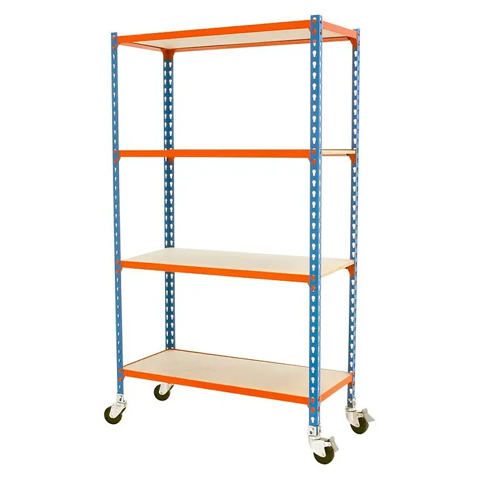 Simonrack Maderclick Estantería metálica Mobile Superplus - Al x An x Pr: 157,5 x 110 x 50 cm, Número de baldas: 4 ud., Inserción, Azul/Naranja - Estantería móvil de cuatro niveles con estructura metálica azul y estantes naranjas, perfecta para almacenamiento y fácil transporte.