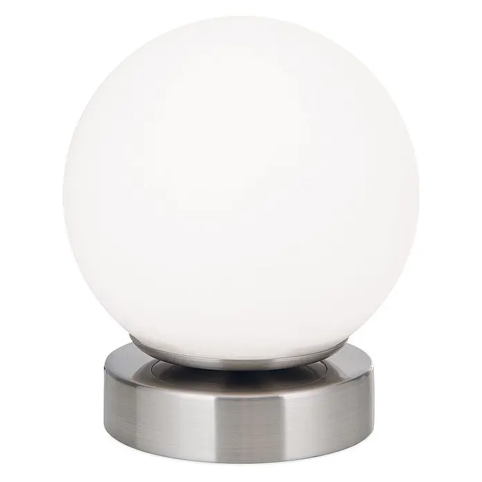 Orion Leuchten LED-Tischleuchte - 3 W, L x B x H: 12,6 x 12,6 x 14 cm, Warmweiß - Weiße kugelförmige Tischlampe mit mattierter Glaskugel und gebürstetem Metallsockel.
