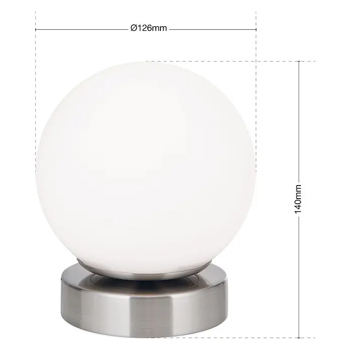 Orion Leuchten LED-Tischleuchte - 3 W, L x B x H: 12,6 x 12,6 x 14 cm, Warmweiß - Weiße Kugeltischleuchte mit gebürstetem Metallsockel. Maße: Ø126mm, H140mm.