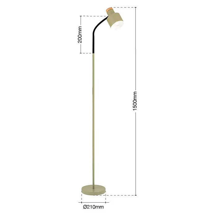 Orion Leuchten Stehleuchte - 40 W, Höhe: 157 cm, E27 - Salbeigrüner Stehlampe mit schwarzem gebogenem Arm und Holzdetail, auf rundem Fuß.