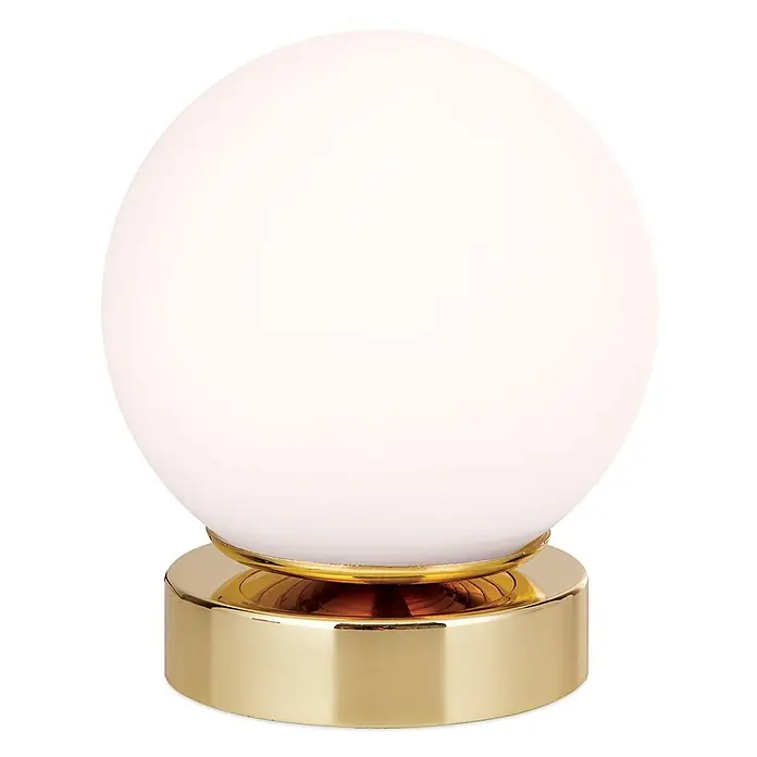 Orion Leuchten LED-Tischleuchte - 3 W, L x B x H: 12,6 x 12,6 x 14 cm, Warmweiß - Weiße mattierte Glaskugellampe mit poliertem Goldsockel.