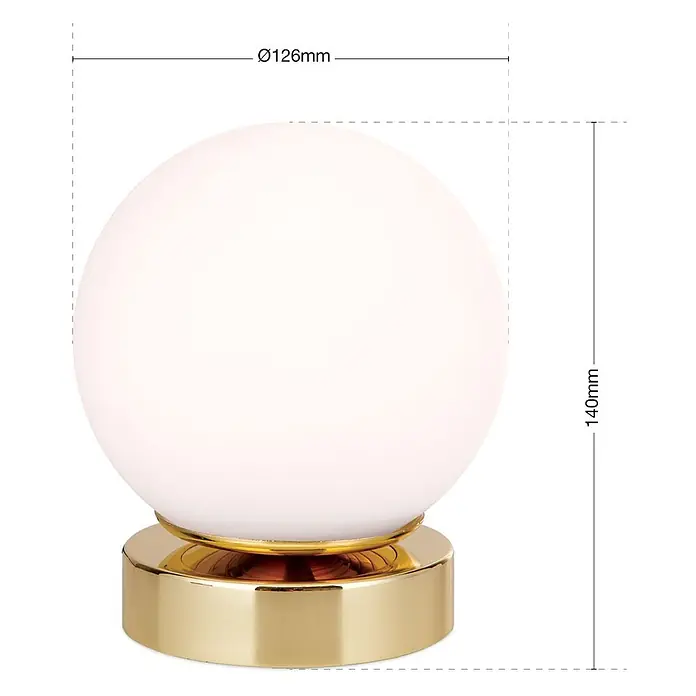 Orion Leuchten LED-Tischleuchte - 3 W, L x B x H: 12,6 x 12,6 x 14 cm, Warmweiß - Kugelförmige Leuchte aus weißem Milchglas mit goldenem Fuß, Ø126mm Durchmesser und 140mm Höhe.