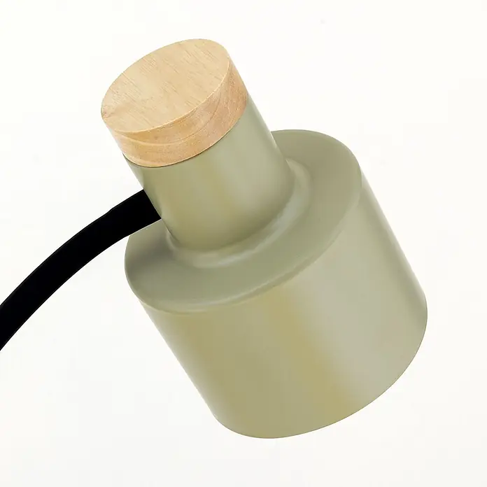 Orion Leuchten Stehleuchte - 40 W, Höhe: 157 cm, E27 - Zylindrischer salbeigrüner Lampenkopf mit heller Holzplatte und schwarzem Kabel.