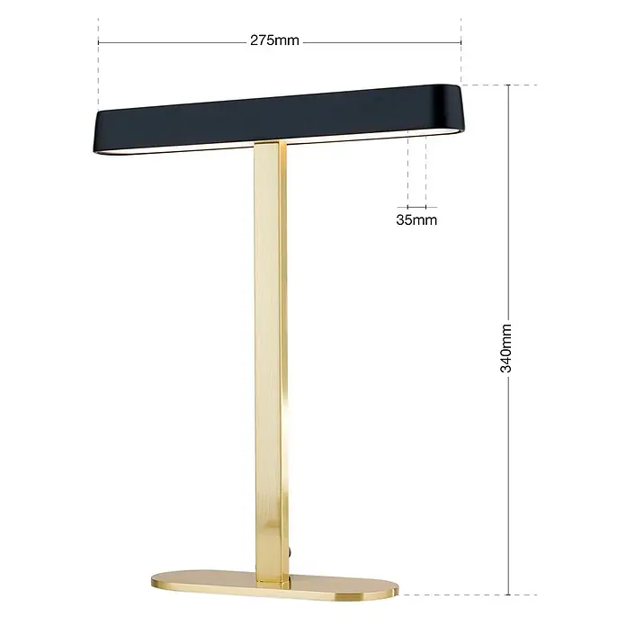 Orion Leuchten LED-Tischleuchte - 12 W, L x B x H: 27,5 x 3,5 x 34 cm, Warmweiß - Moderne Schreibtischlampe in Schwarz-Gold, mit rechteckigem Kopf und ovalem Fuß.