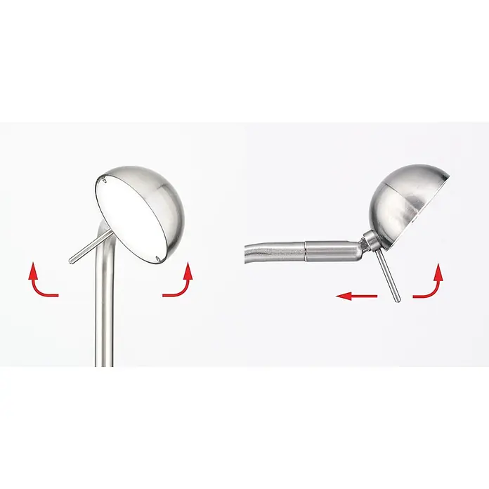 Orion Leuchten LED-Tischleuchte - 5 W, L x B x H: 16 x 16 x 39 cm, Warmweiß - Schwenkbarer und drehbarer Leuchtenkopf aus gebürstetem Silbermetall mit roten Einstellpfeilen.