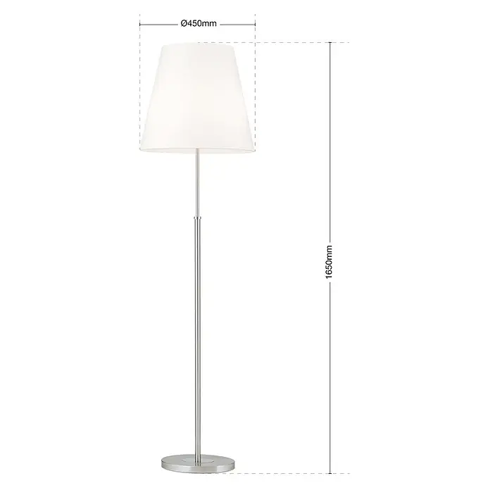 Orion Leuchten Stehleuchte - 40 W, Höhe: 165 cm, E27 - Stehleuchte mit weißem Stoffschirm und silbernem Metallsockel, Maße Ø450mm Durchmesser und 1650mm Höhe.