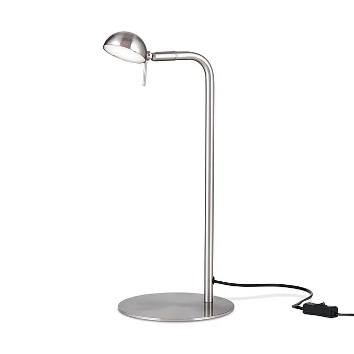 Orion Leuchten LED-Tischleuchte - 5 W, L x B x H: 16 x 16 x 39 cm, Warmweiß - Gebürstete Metall-Schreibtischlampe mit verstellbarem Kopf, rundem Fuß und schwarzem Kabel mit Schalter.
