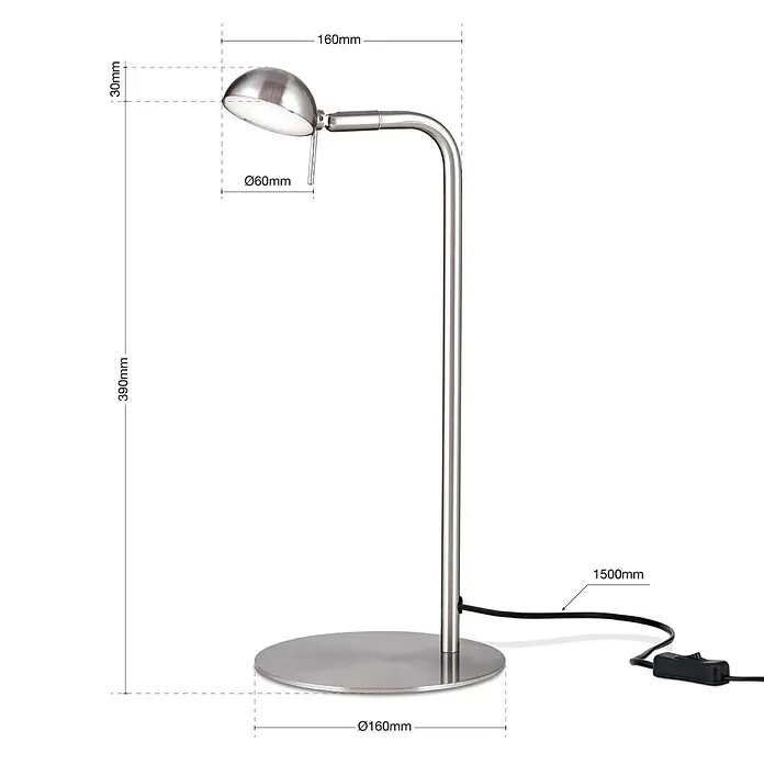 Orion Leuchten LED-Tischleuchte - 5 W, L x B x H: 16 x 16 x 39 cm, Warmweiß - Gebürstete Metall-Schreibtischlampe mit rundem Fuß, schlankem Arm und verstellbarem kuppelförmigen Kopf.