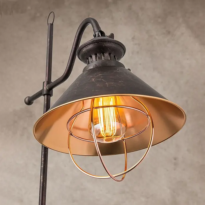Orion Leuchten Stehleuchte - 40 W, Höhe: 154 cm, E27 - Industrielampe: dunkler Bronzeschirm, Kupferreflektor und ein Käfig um eine glühende Edison-Birne.