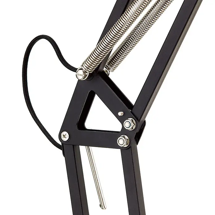 Orion Leuchten Stehleuchte - 40 W, Höhe: 165 cm, E27 - Schwarzer Metallgelenkarm einer Lampe mit silbernen Federn, Befestigungen und schwarzem Kabel.