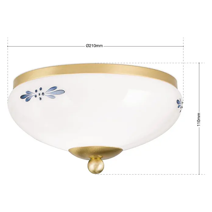 Orion Leuchten Deckenleuchte rund - E27 - Deckenleuchte aus Messing mit weißem Glasdiffusor und blauem Blumenmuster, Ø210mm, H110mm.