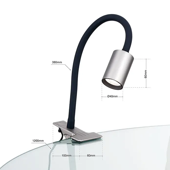 Orion Leuchten LED-Klemmleuchte - L x B x H: 46 x 6 x 12 cm, 5 W, Lichtfarbe: Warmweiß - Flexible Klemmleuchte mit schwarzem Schwanenhals und gebürstetem silbernem Kopf, an einer Oberfläche befestigt.