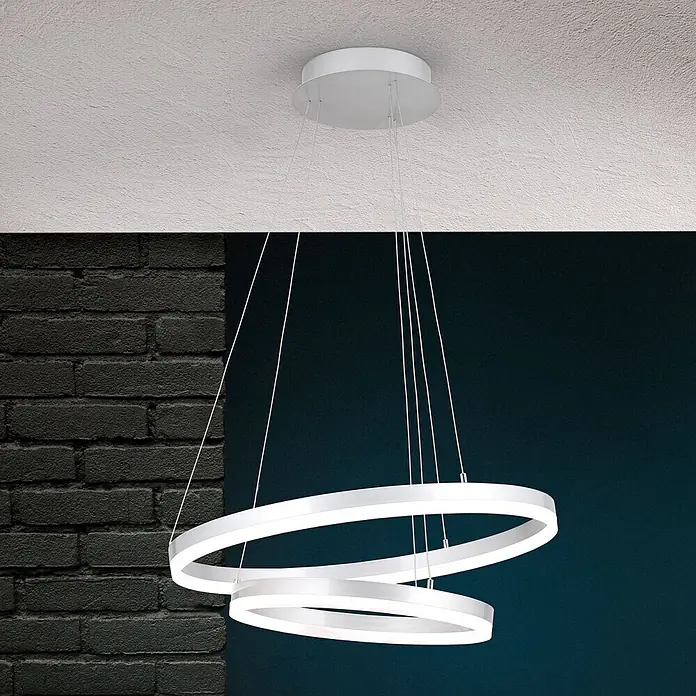 Orion Leuchten LED-Pendelleuchte rund -  - Weiße LED-Pendelleuchte mit zwei ineinander verschlungenen Ringen, von der Decke hängend.