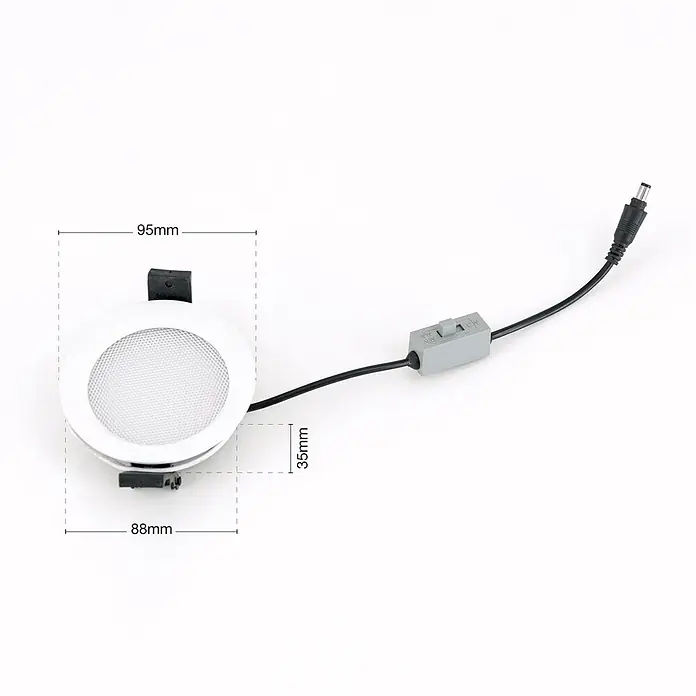 Orion Leuchten LED-Einbauleuchte rund -  - Weißer runder LED-Einbaustrahler mit Netzdiffusor, schwarzem Kabel, grauem Schalter und DC-Anschluss. Maße: 95mm Durchmesser, 35mm Tiefe.