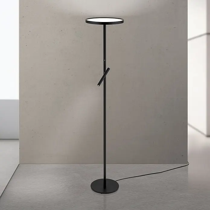 Orion Leuchten LED-Deckenfluter - 33 W, Höhe: 175 cm - Schwarze Stehleuchte aus Metall mit einer nach oben gerichteten Lichtscheibe und einer verstellbaren Leselampe.