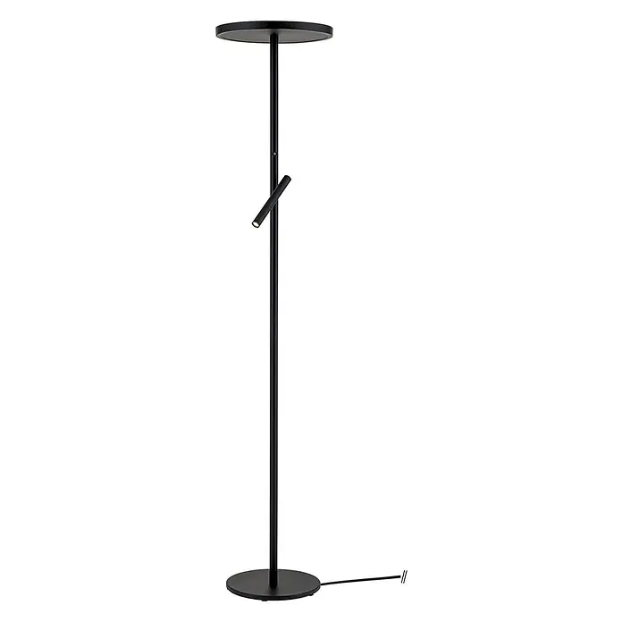 Orion Leuchten LED-Deckenfluter - 33 W, Höhe: 175 cm - Schwarze Stehlampe aus Metall mit rundem Fuß, hohem Ständer, runder Ablageplatte und verstellbarem Leseleuchtenarm.