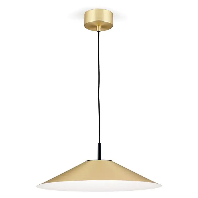 Orion Leuchten LED-Pendelleuchte rund -  - Pendelleuchte aus goldfarbenem Metall mit schwarzem Kabel und weißem Diffusor, von der Decke hängend.