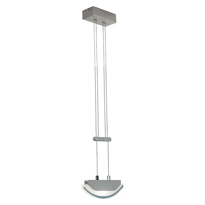 Orion Leuchten LED-Pendelleuchte rund -  - Moderne, silberfarbene Pendelleuchte mit rechteckigem Deckenbaldachin, an Seilen aufgehängt, und gebogenem Leuchtenkörper.