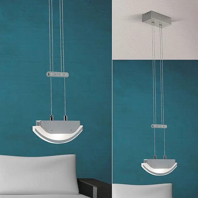 Orion Leuchten LED-Pendelleuchte rund -  - Moderne Pendelleuchte mit grauem Korpus, transluzentem Halbrundschirm und dünnen Kabeln, über einem Sofa hängend.