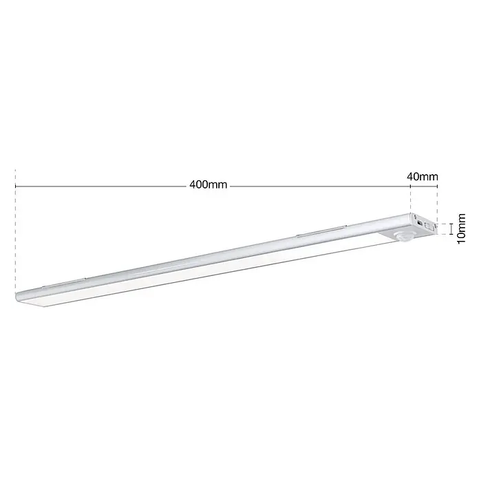 Orion Leuchten Akku-Unterbauleuchte - L x B x H: 40 x 4 x 1,4 cm - Schlanke silberne LED-Lichtleiste mit integriertem Bewegungssensor, 400 mm lang, 40 mm breit und 10 mm hoch.
