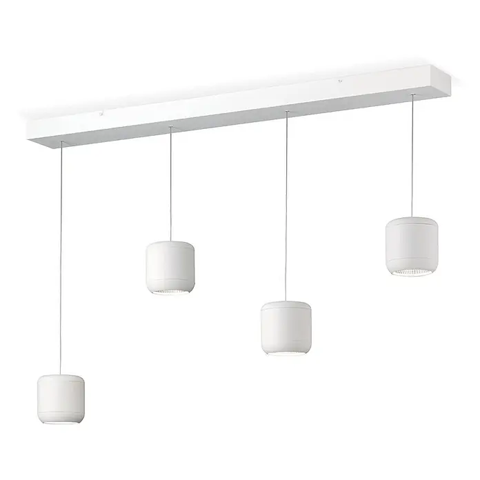 Orion Leuchten LED-Pendelleuchte - L x B x H: 110 x 12 x 150 cm - Weiße lineare Pendelleuchte mit vier zylindrischen weißen Leuchten, die von einer rechteckigen Stange hängen.