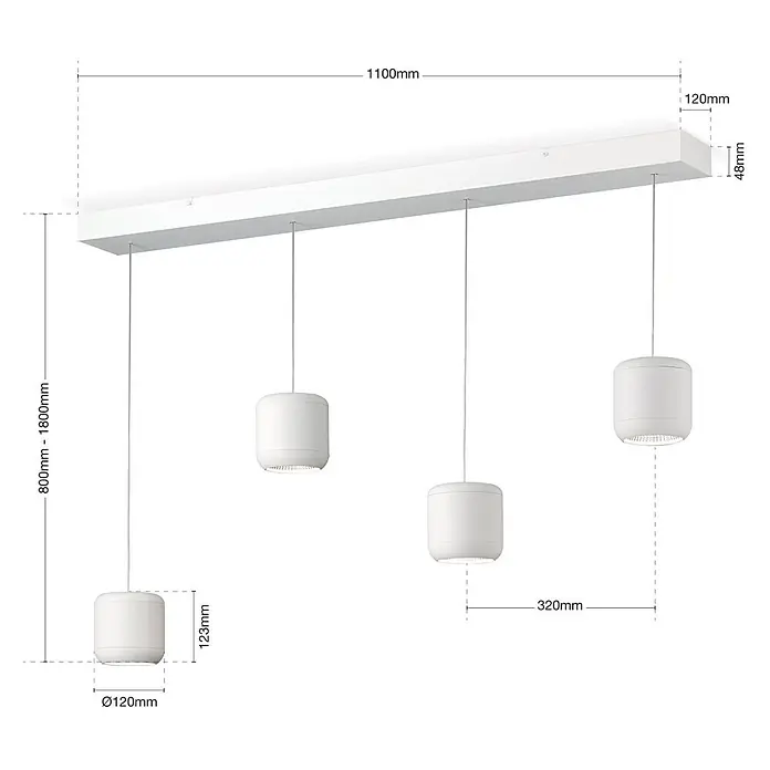 Orion Leuchten LED-Pendelleuchte - L x B x H: 110 x 12 x 150 cm - Weiße, lineare Pendelleuchte mit drei zylindrischen Hängelampen, modernes Design.