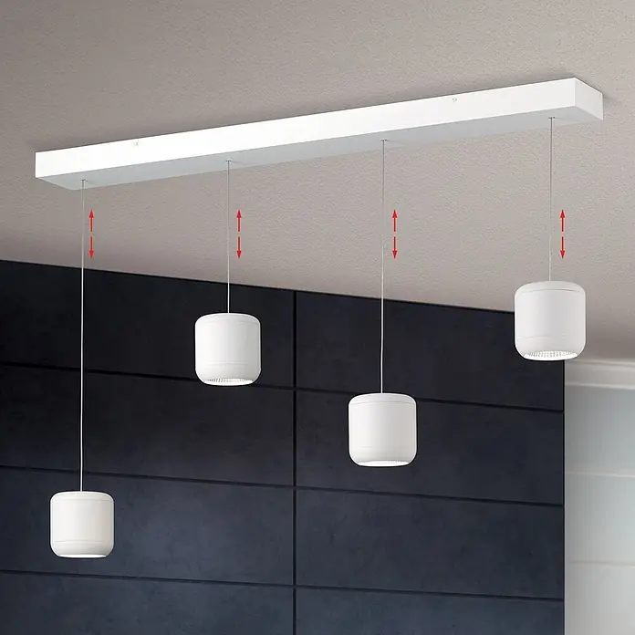 Orion Leuchten LED-Pendelleuchte - L x B x H: 110 x 12 x 150 cm - Weiße, höhenverstellbare Deckenleuchte mit vier zylindrischen Pendelleuchten.