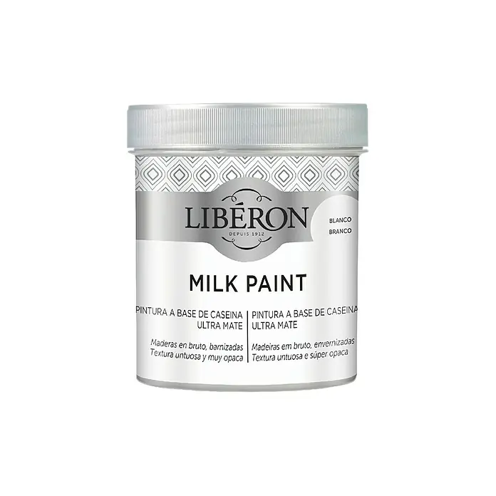 Libéron Pintura Milk paint - Blanco, 500 ml, Mate - Bote de pintura Milk Paint blanca de Liberon, apta para muebles brutos y barnizados. Proporciona una textura untuosa y muy opaca.
