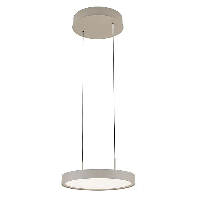 Orion Leuchten LED-Pendelleuchte rund -  - Beige runde Pendelleuchte mit flachem, breitem Diffusor und zwei schwarzen Aufhängeseilen.