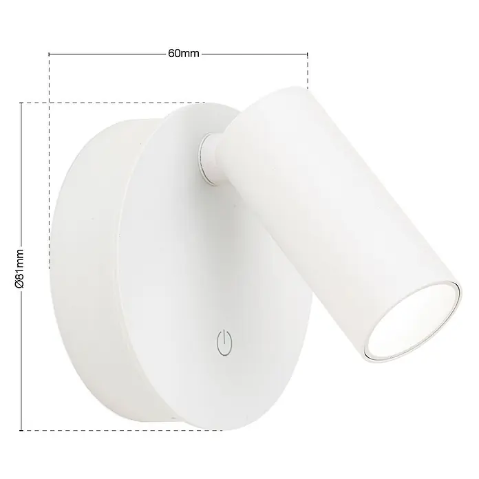 Orion Leuchten Akku-Wandleuchte - 8 x 8 x 6 cm, IP20 - Weiße, wandmontierte LED-Spotleuchte mit verstellbarem zylindrischem Kopf und rundem Sockel mit Touch-Schalter.