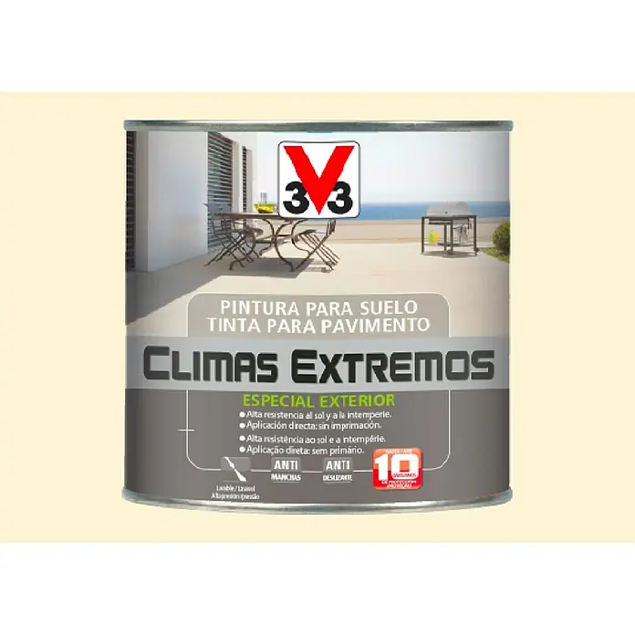 V33 Barniz para suelos Climas extremos - Arena, Satinado, 2,5 l, Base de agua - Bote de pintura para suelos Climas Extremos, especial exterior, alta resistencia al sol y a la intemperie, para superficies exteriores duraderas.