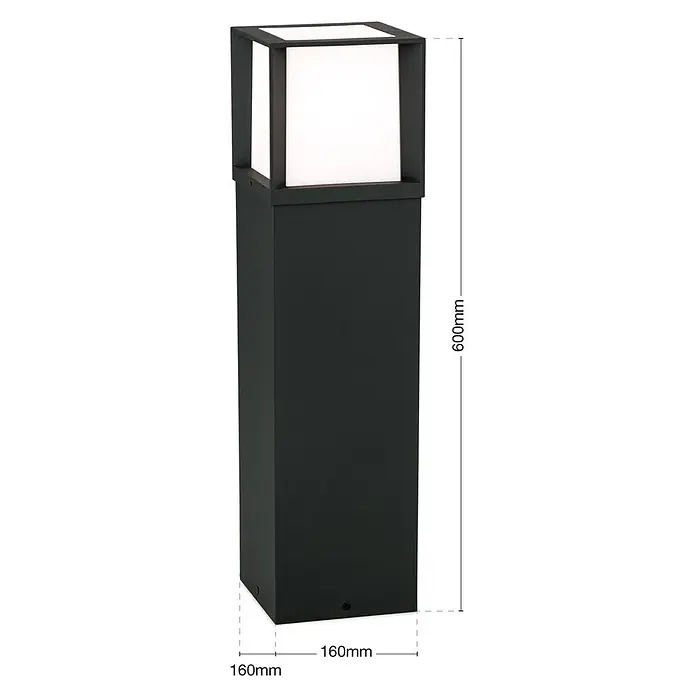 Orion Leuchten Außensockelleuchte - 16 x 16 x 60 cm, Ohne Leuchtmittel - Schwarze rechteckige Pollerleuchte mit quadratischem weißem Diffusor, 600mm hoch.