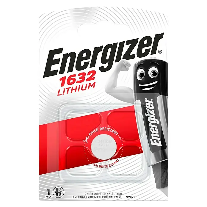 Energizer Knopfzelle 1632 - CR1632, 3 V, 1 Stk. - Verpackung einer Energizer 1632 Lithium Batterie, kindersicher verpackt und mit Haltbarkeitsdatum 07/2029 versehen.