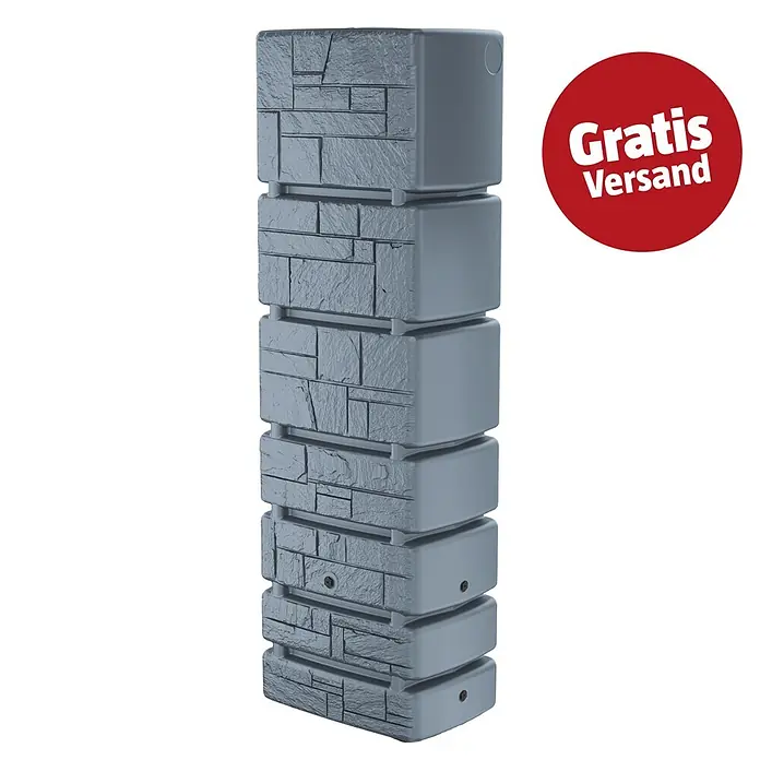 Regenspeicher Tower Stone - 350 l, Hellgrau - Langer, rechteckiger grauer Regentonne mit Steinoptik-Front und glatten Seiten.