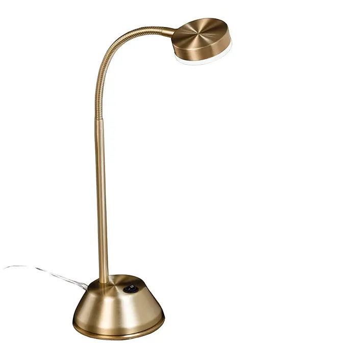Orion Leuchten LED-Tischleuchte - 3 W, L x B x H: 24 x 10 x 47 cm, Kaltweiß - Goldene Messing-Schreibtischlampe mit flexiblem Hals, rundem LED-Kopf und Schalter am Sockel.