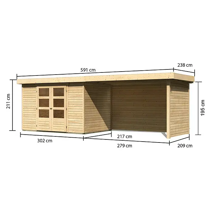 Karibu Gartenhaus Askola - Außenmaß inkl. Dachüberstand (B x T): 591,5 x 238 cm, Holz, Natur, Mit Anbau, Rück- und Seitenwand - Ansicht eines Holzschuppens mit Abmessungen. Der Holzschuppen ist aus hellem Holz und hat ein Doppeltür.