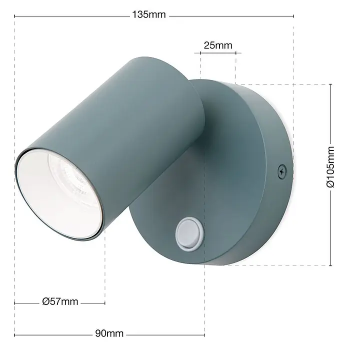 Orion Leuchten Wandstrahler - L x B x H: 9 x 13,5 x 2,5 cm, GU10 - Petrolfarbener, verstellbarer Wandstrahler mit rundem Sockel, zylindrischem Kopf und integriertem weißem Schalter.
