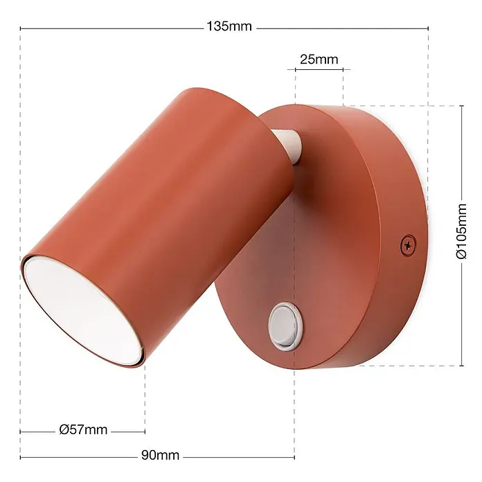 Orion Leuchten Wandstrahler - L x B x H: 9 x 13,5 x 2,5 cm, GU10 - Wandlampe aus terrakottafarbenem Metall mit verstellbarem zylindrischem Spotkopf und rundem Sockel mit integriertem Schalter.