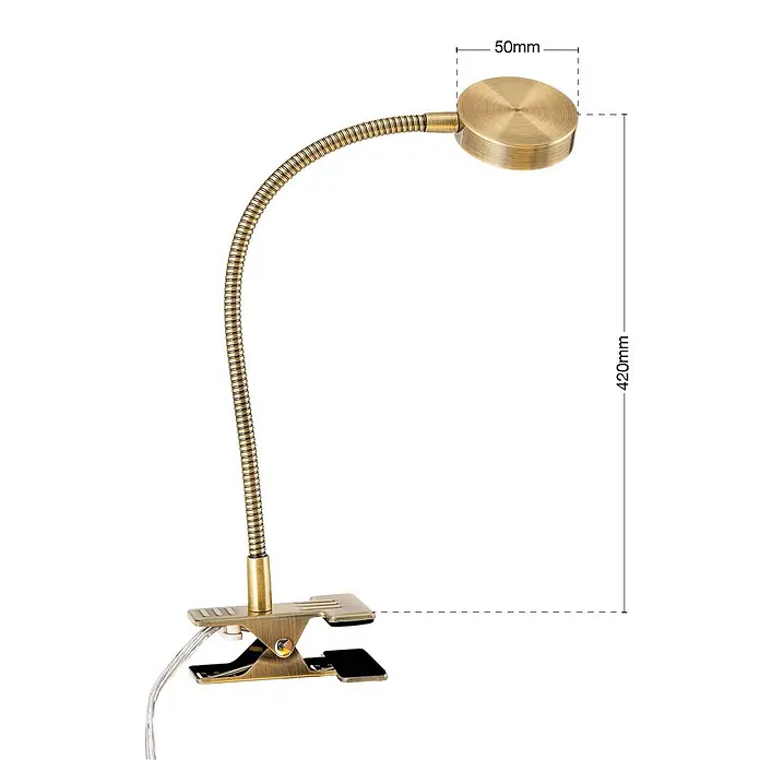 Orion Leuchten LED-Klemmleuchte - L x B x H: 5,5 x 5,5 x 42 cm, 3 W, Lichtfarbe: Kaltweiß - Messingfarbene Schwanenhals-Klemmleuchte, 420mm hoch, mit 50mm Kopf.