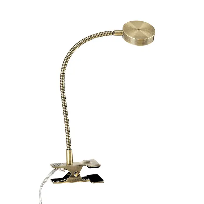 Orion Leuchten LED-Klemmleuchte - L x B x H: 5,5 x 5,5 x 42 cm, 3 W, Lichtfarbe: Kaltweiß - Antike Messing Klemmleuchte mit flexiblem Schwanenhals und rundem Leuchtenkopf.